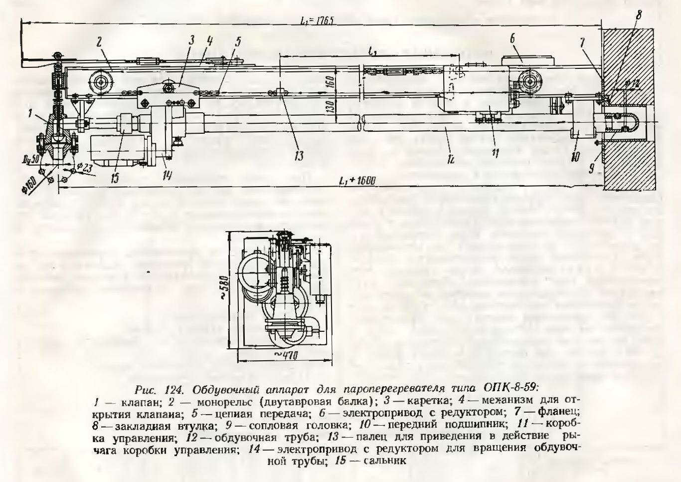 Схема обдувочного аппарата для периодической очистки труб фестонов и конвективных пароперегревателей ОПК-8-59