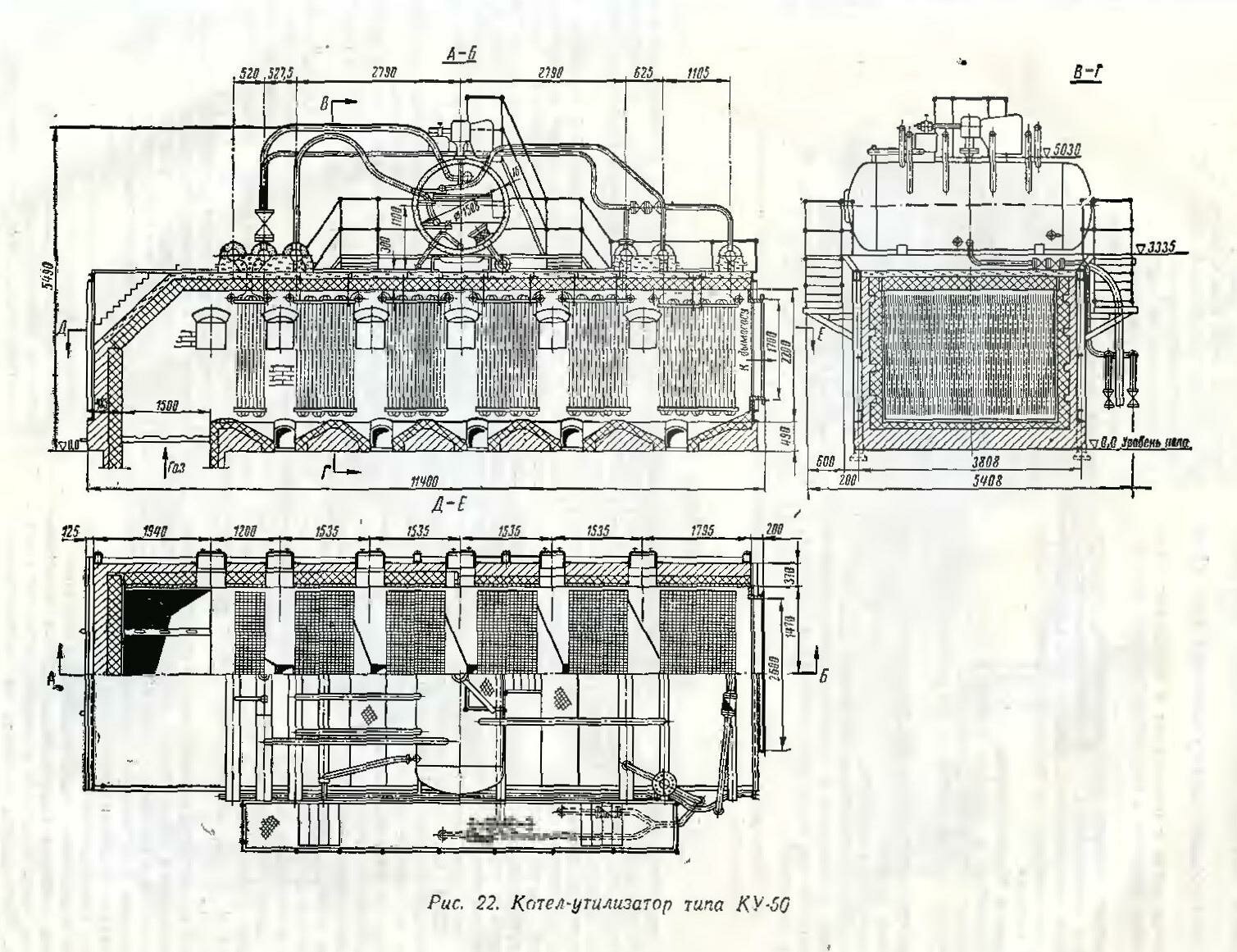 Схема котла-утилизатора с многократной принудительной циркуляцией дымогарного типа КУ-50