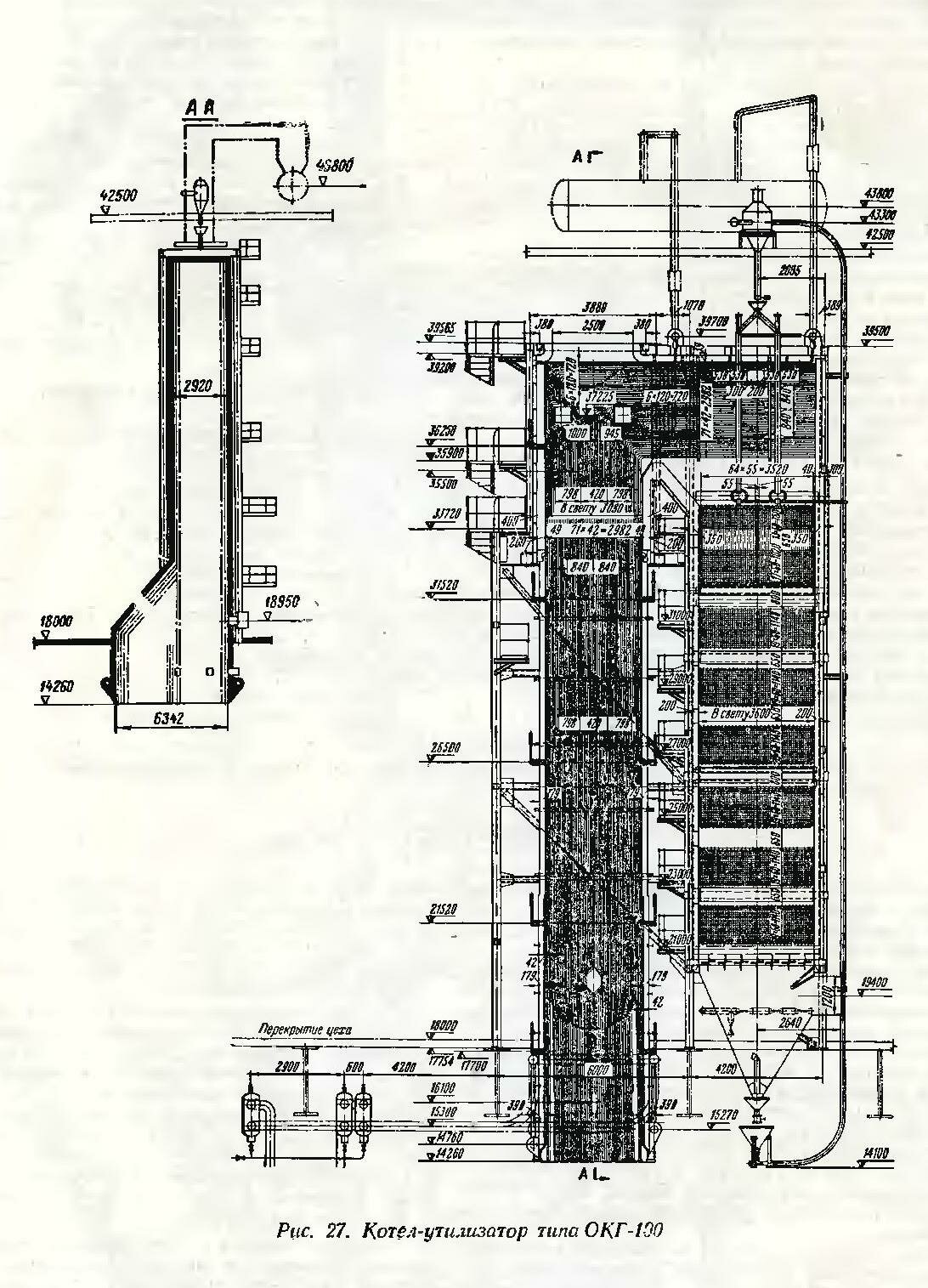 Схема вертикально-водотрубного однобарабанного котла-утилизатора ОКГ-100